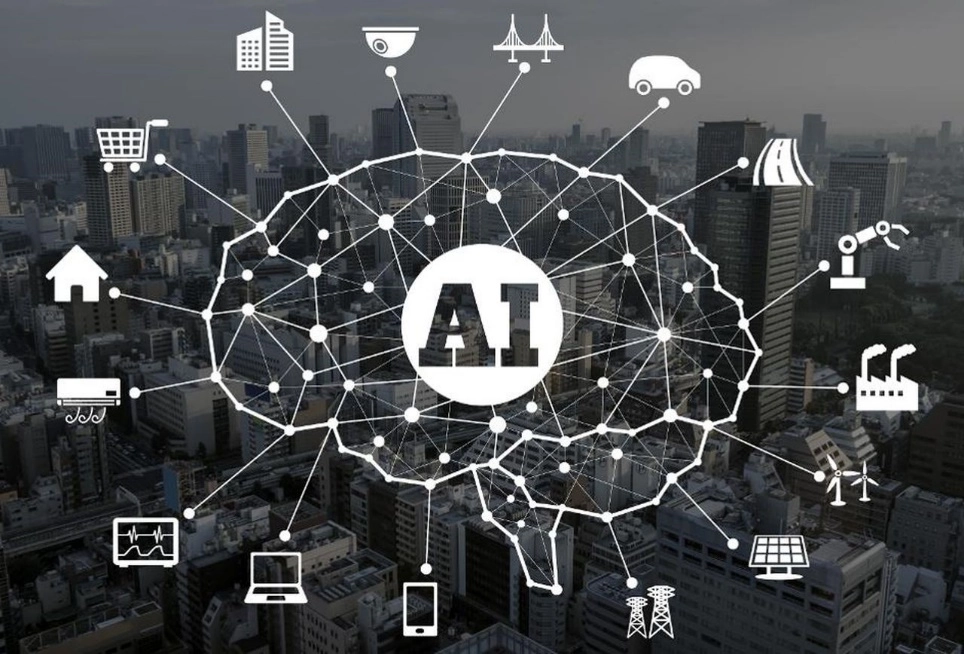 Đồ họa 3D mô tả luồng dữ liệu đa dạng chảy vào hệ thống AI