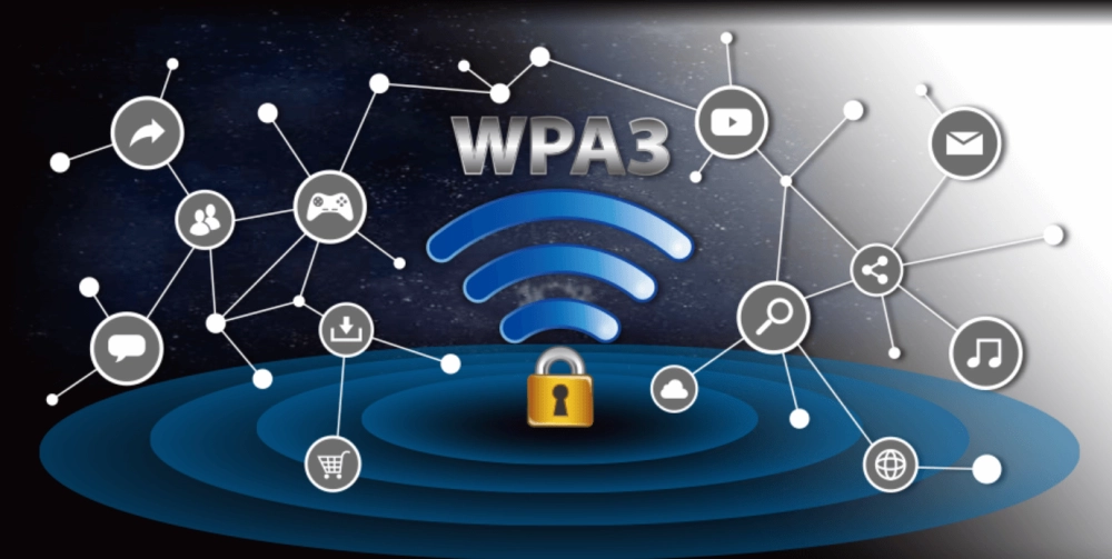 Biểu tượng Wi-Fi với logo WPA3, bảo mật không dây tiên tiến nhất