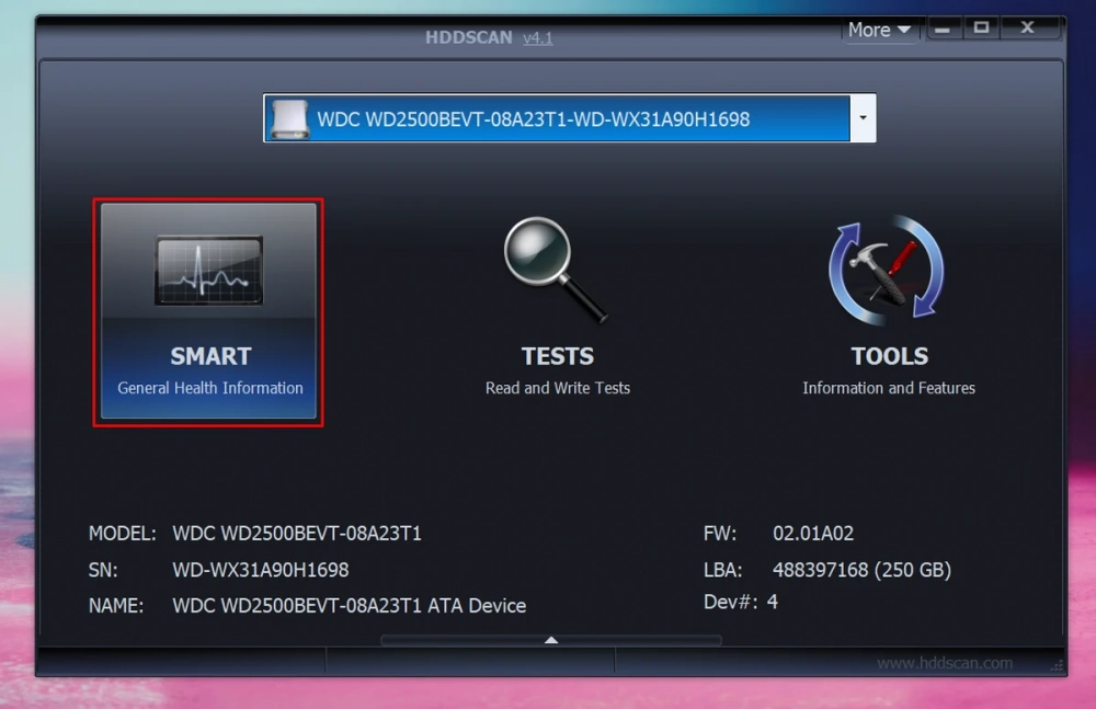 HDD Scan hiển thị các thông số S.M.A.R.T. của ổ cứng