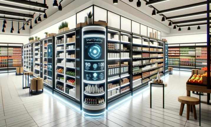 Bên trong một cửa hàng thông minh với các kệ hàng IoT.